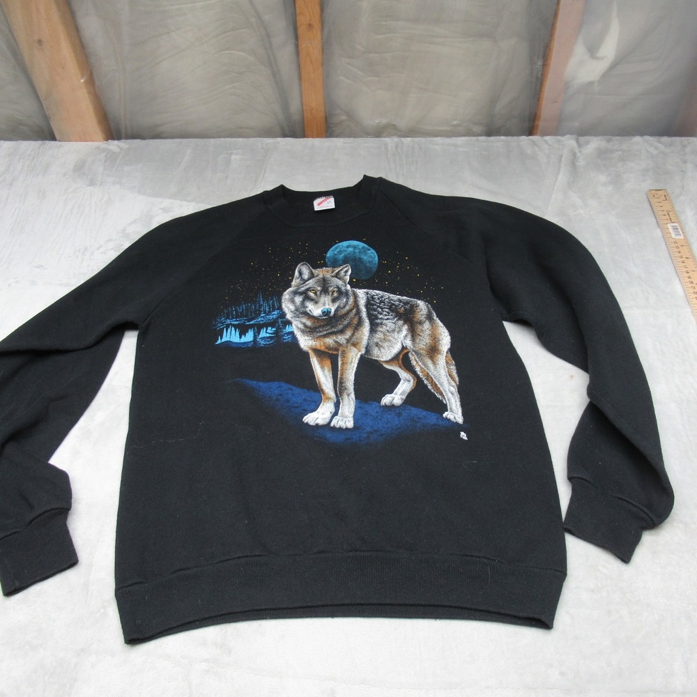 VTG Nature Sweatshirt Mens Large 42-44 Black Wolf Moon Graphic USA Made 90s